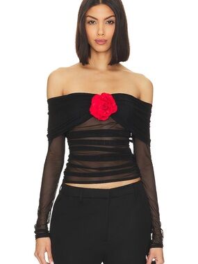 Amanda Uprichard Black Off-Shoulder Mesh Top with Red Flower